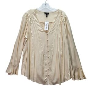 Jessica Simpson Blouse Womens 3X Plus Cream Parchment Cecily Long Sleeve Pleated